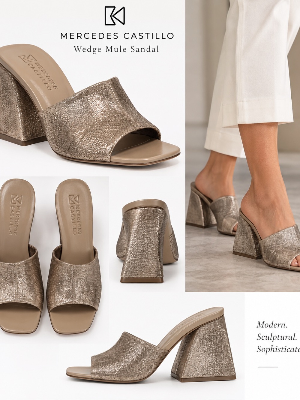 MERCEDES CASTILLO Metallic Taupe Textured Wedge Mule